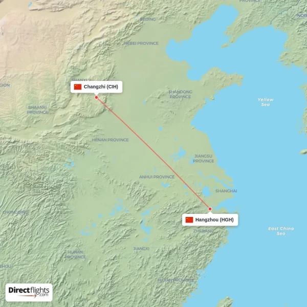 Changzhi - Hangzhou direct flight map