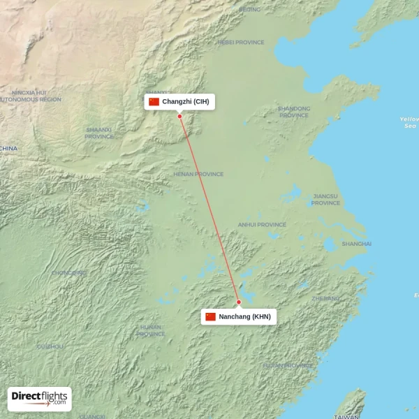 Changzhi - Nanchang direct flight map