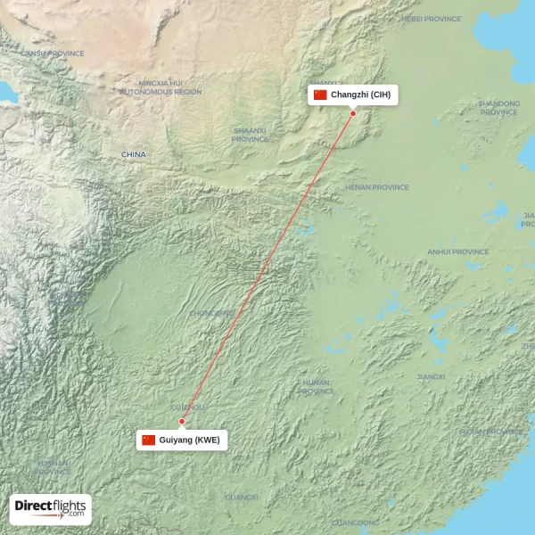 Changzhi - Guiyang direct flight map