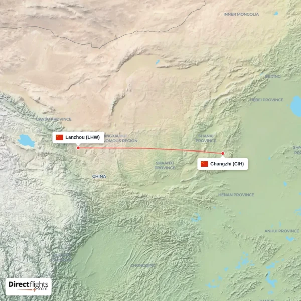 Changzhi - Lanzhou direct flight map