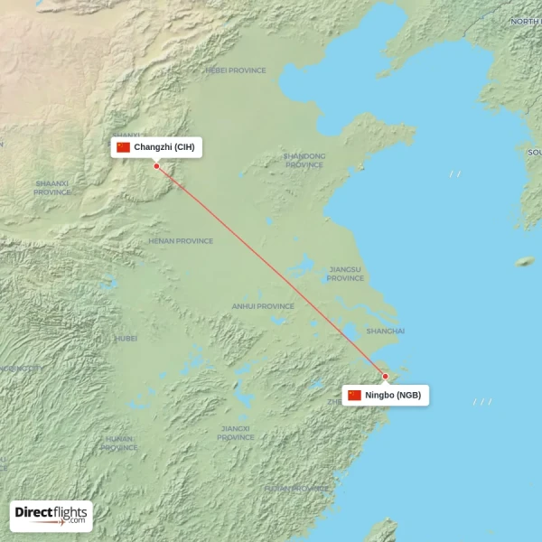 Changzhi - Ningbo direct flight map