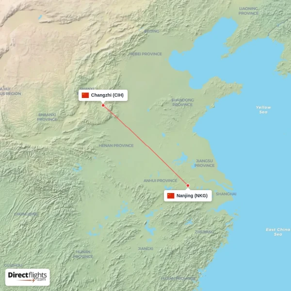 Changzhi - Nanjing direct flight map