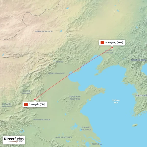 Changzhi - Shenyang direct flight map