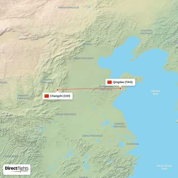 Changzhi - Qingdao direct flight map