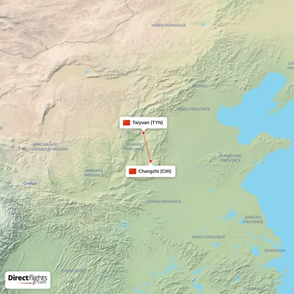 Changzhi - Taiyuan direct flight map