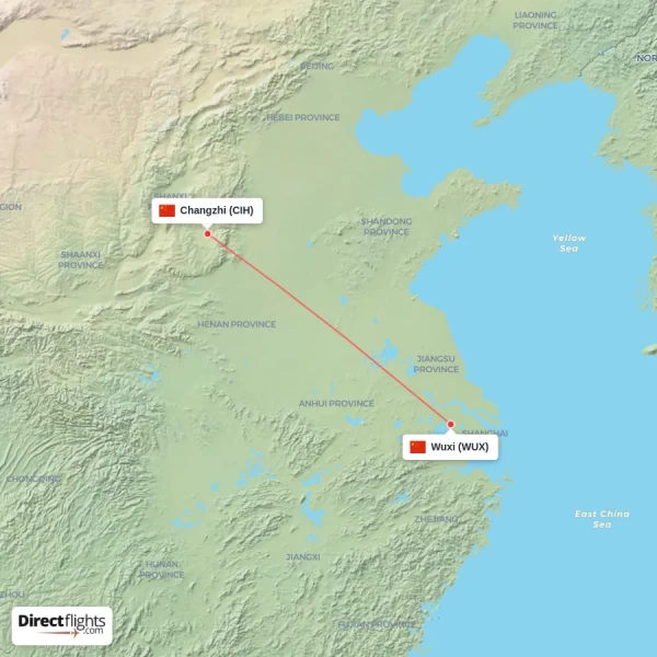 Changzhi - Wuxi direct flight map