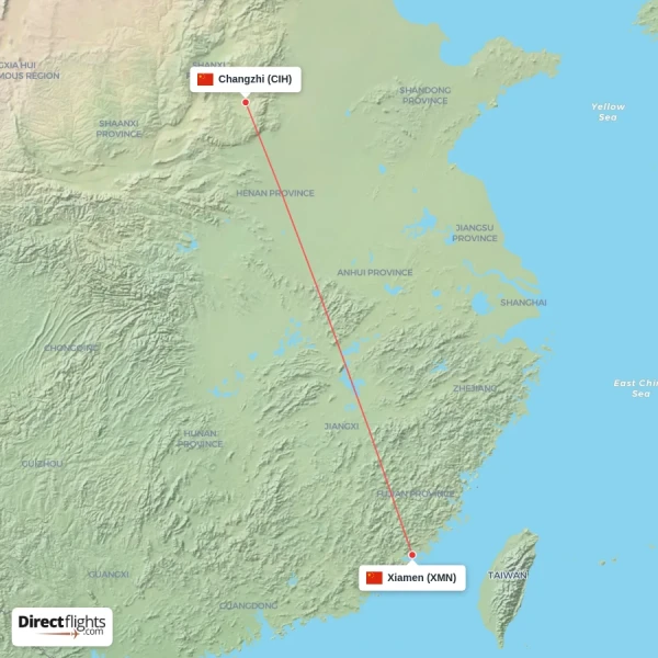 Changzhi - Xiamen direct flight map