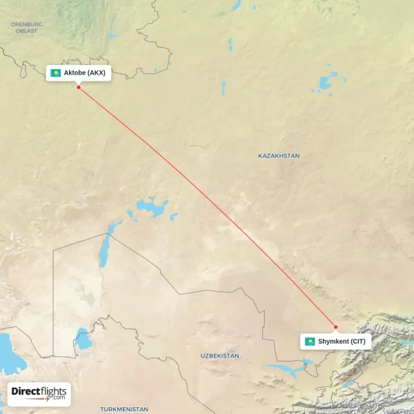 Shymkent - Aktobe direct flight map