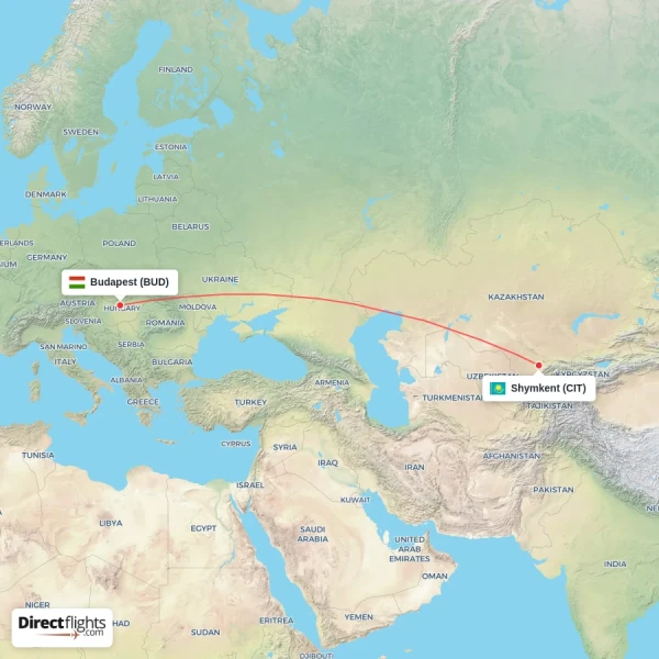 Shymkent - Budapest direct flight map