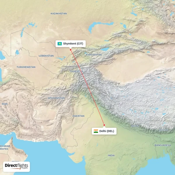 Shymkent - Delhi direct flight map
