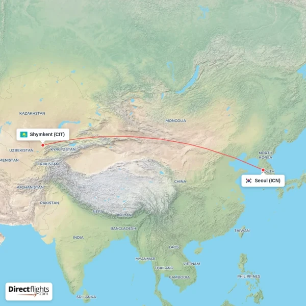 Shymkent - Seoul direct flight map