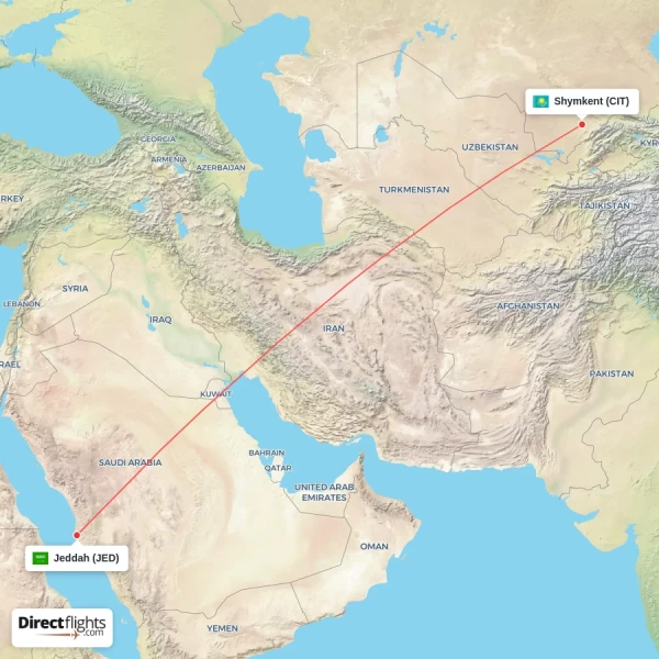 Shymkent - Jeddah direct flight map
