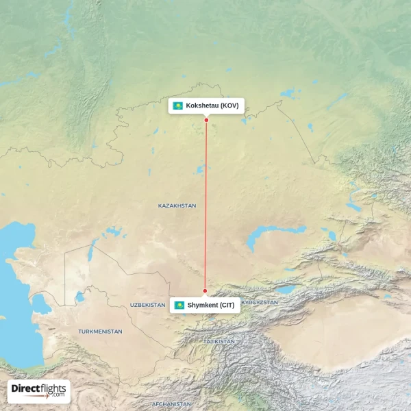 Shymkent - Kokshetau direct flight map