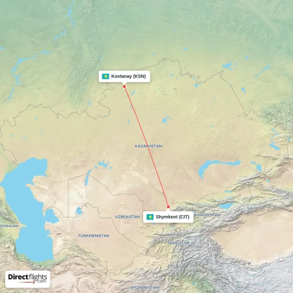 Shymkent - Kostanay direct flight map