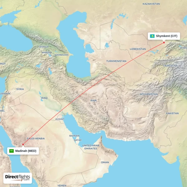 Shymkent - Madinah direct flight map