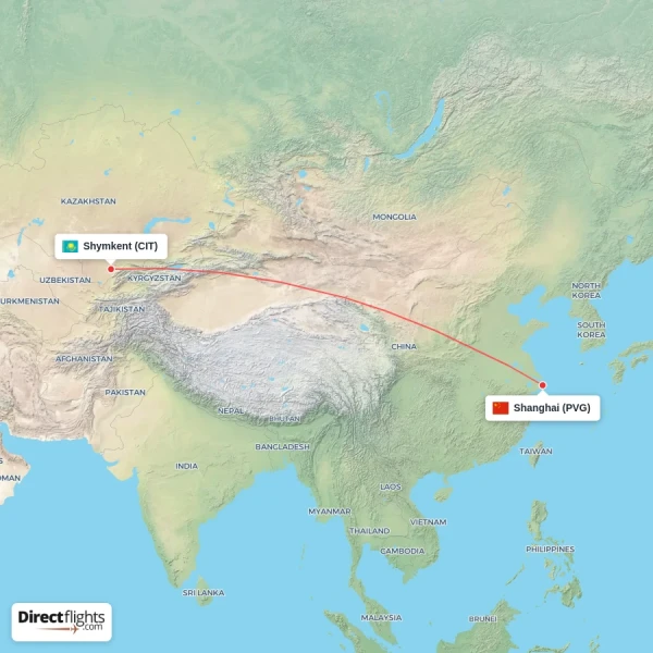 Shymkent - Shanghai direct flight map