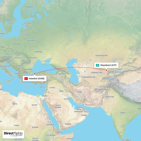 Shymkent - Istanbul direct flight map