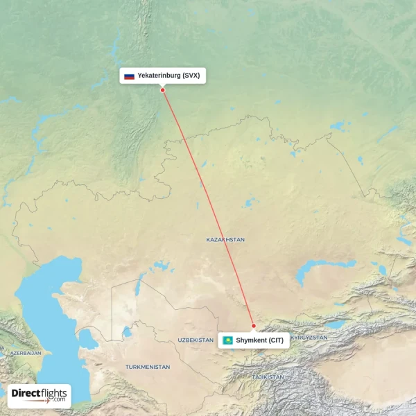 Shymkent - Yekaterinburg direct flight map