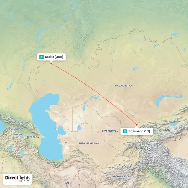 Shymkent - Uralsk direct flight map