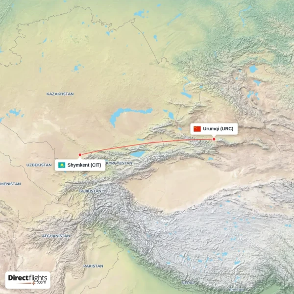 Shymkent - Urumqi direct flight map