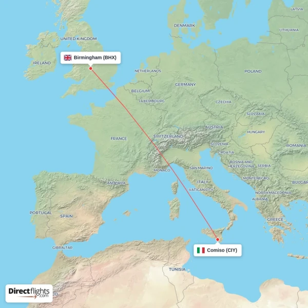 Comiso - Birmingham direct flight map