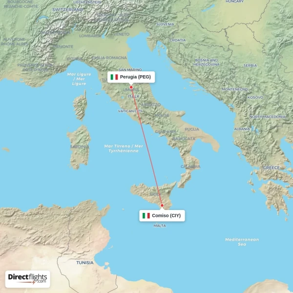 Comiso - Perugia direct flight map