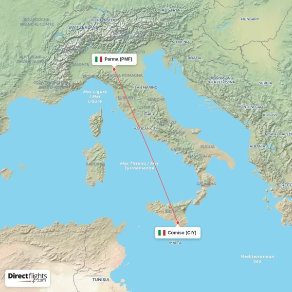 Comiso - Parma direct flight map