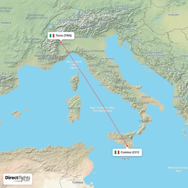 Comiso - Turin direct flight map