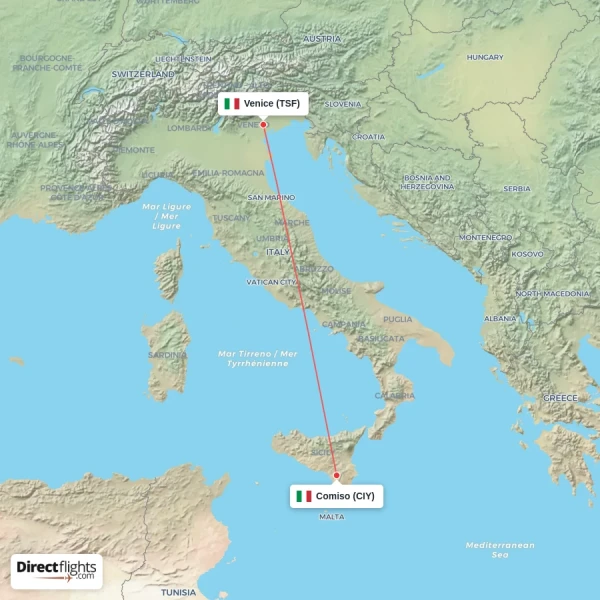 Comiso - Venice direct flight map