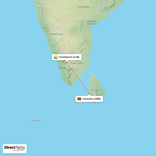 Coimbatore - Colombo direct flight map