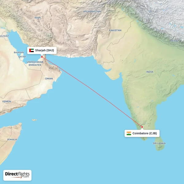 Coimbatore - Sharjah direct flight map