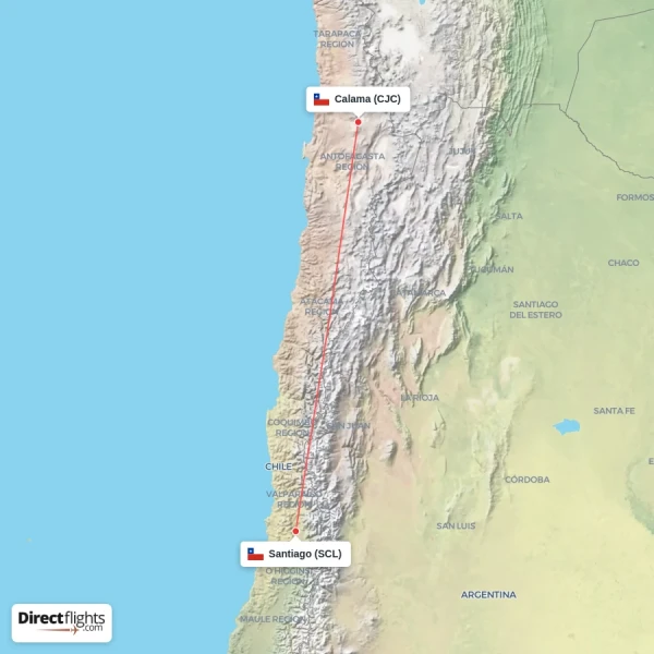 Calama - Santiago direct flight map