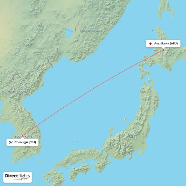 Cheongju - Asahikawa direct flight map