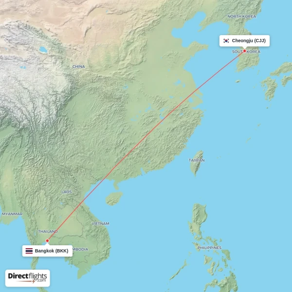 Cheongju - Bangkok direct flight map