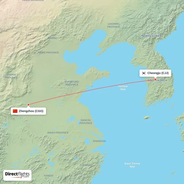 Cheongju - Zhengzhou direct flight map