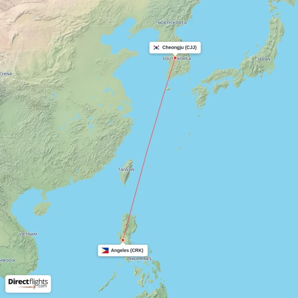 Cheongju - Angeles direct flight map