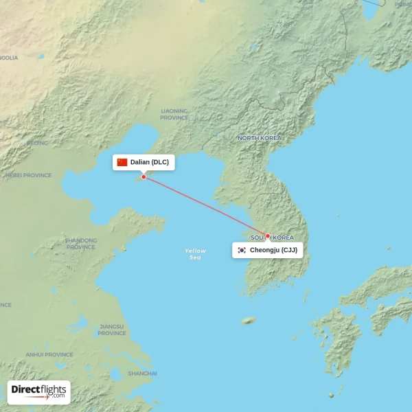 Cheongju - Dalian direct flight map