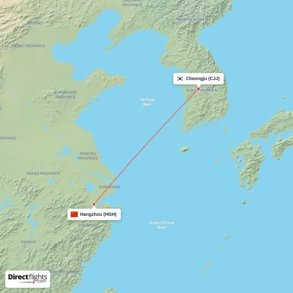 Cheongju - Hangzhou direct flight map