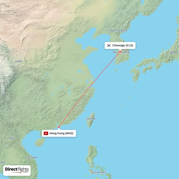 Cheongju - Hong Kong direct flight map