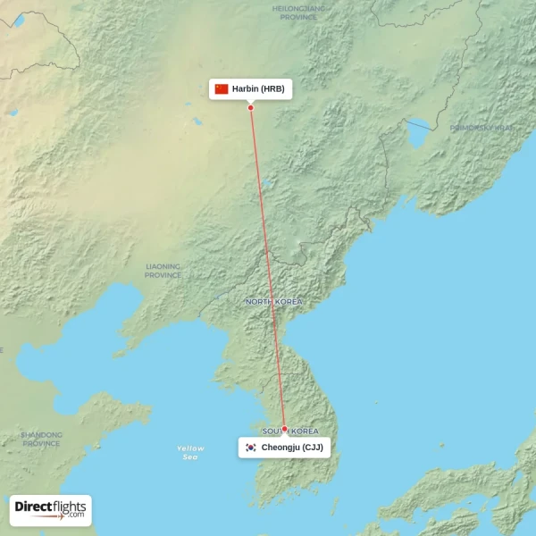 Cheongju - Harbin direct flight map