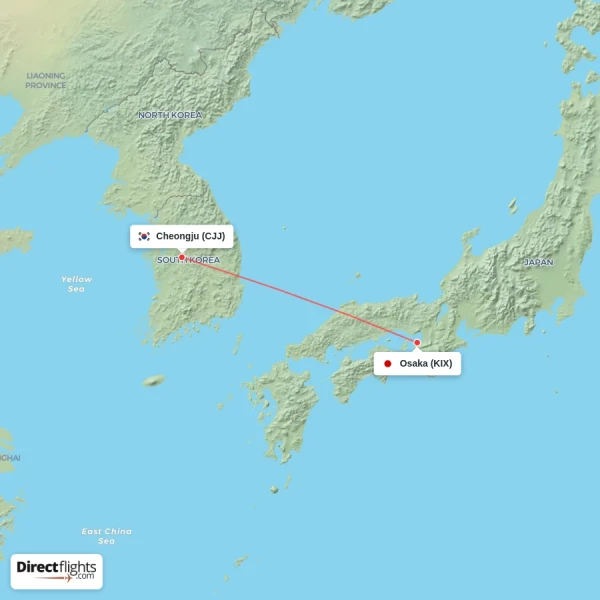Cheongju - Osaka direct flight map