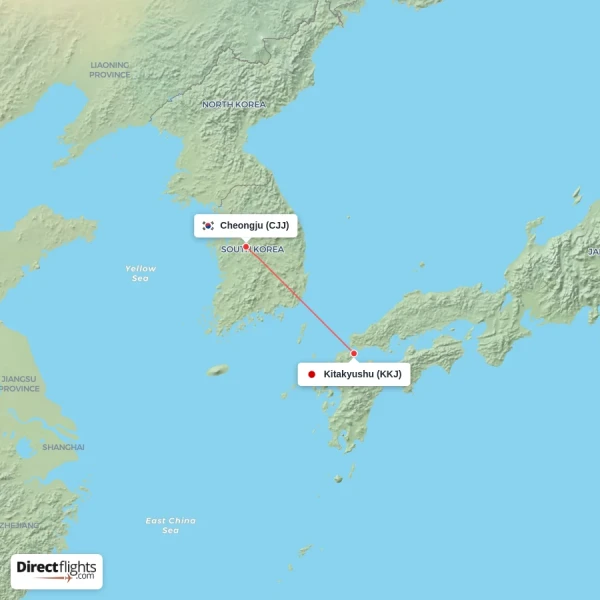 Cheongju - Kitakyushu direct flight map