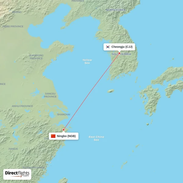 Cheongju - Ningbo direct flight map