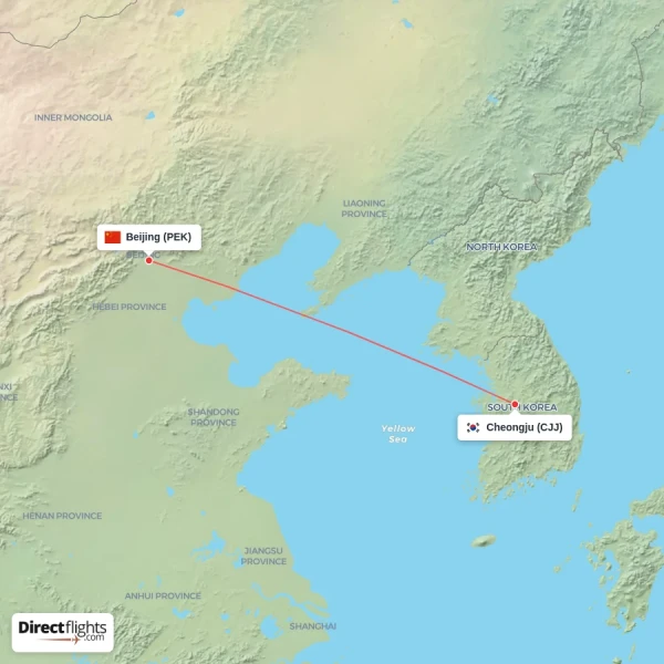 Cheongju - Beijing direct flight map