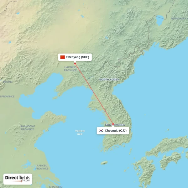 Cheongju - Shenyang direct flight map
