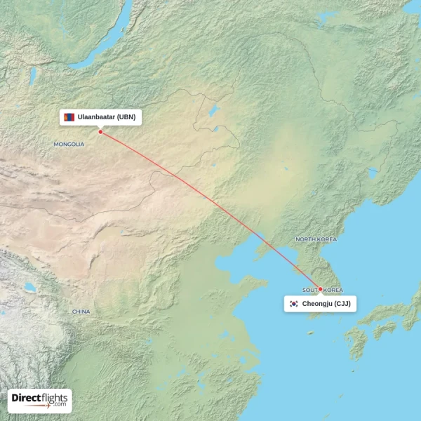 Cheongju - Ulaanbaatar direct flight map