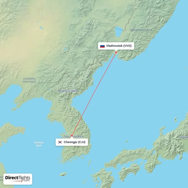 Cheongju - Vladivostok direct flight map