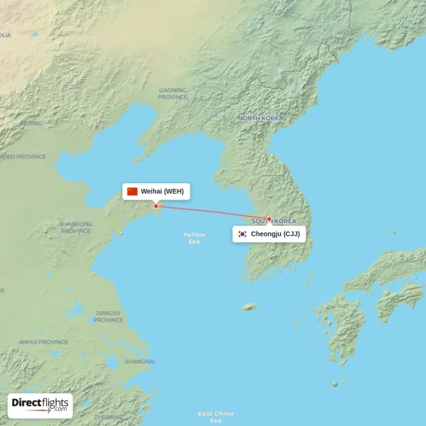 Cheongju - Weihai direct flight map