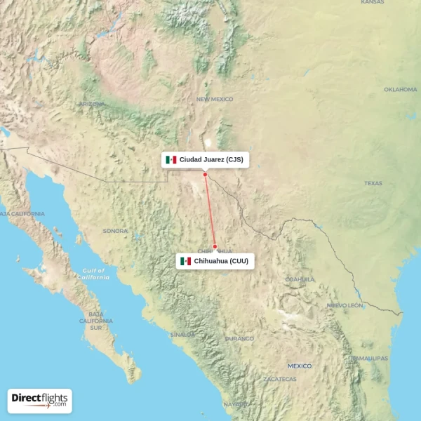 Ciudad Juarez - Chihuahua direct flight map