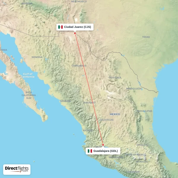 Ciudad Juarez - Guadalajara direct flight map